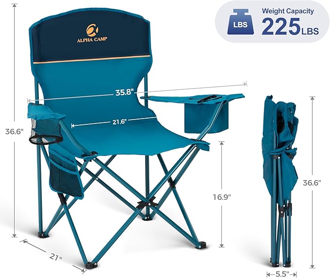 LET'S CAMP Camping Chair 2 Pack Folding Chair with 3-Can Cooler Bag Portable Lawn Chair with Cup HolderStorage Pocket Supports 225LBS Collapsible Chair for Camp Beach Picnic (Blue)