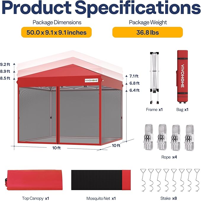 VIVOHOME 10x10ft Easy Pop-Up Canopy Outdoor Screen Tent with Mosquito Netting 2 Zipper Doors and Roller Bag for Yard Camping Picnic Party Events Red