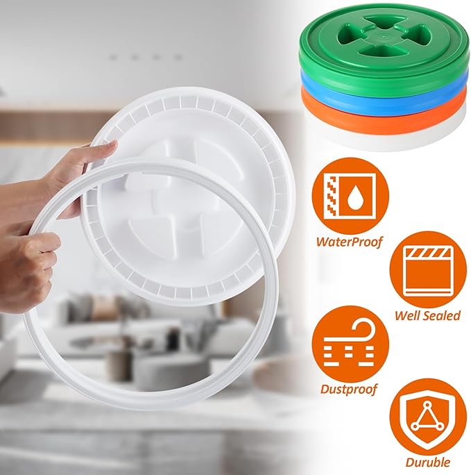4 Pieces 5 Gallon Leak-Proof Bucket Lid Food Grade Plastic Storage Buckets Screw Seal Lids Screw Pail Lid Pet Food Storage Chicken Feeders (White Blue Green Orange)