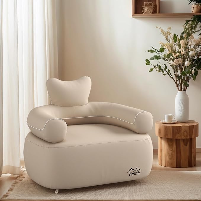 Inflatable Sofa with Built-in Pumpself Inflatable Couch Rechargeable Support 880 lbsAir Sofa for Camping HomeTravelOutdoor (Round Single Sofa Khaki) | Outdoor Camping Sofa Self Inflatable Sofa