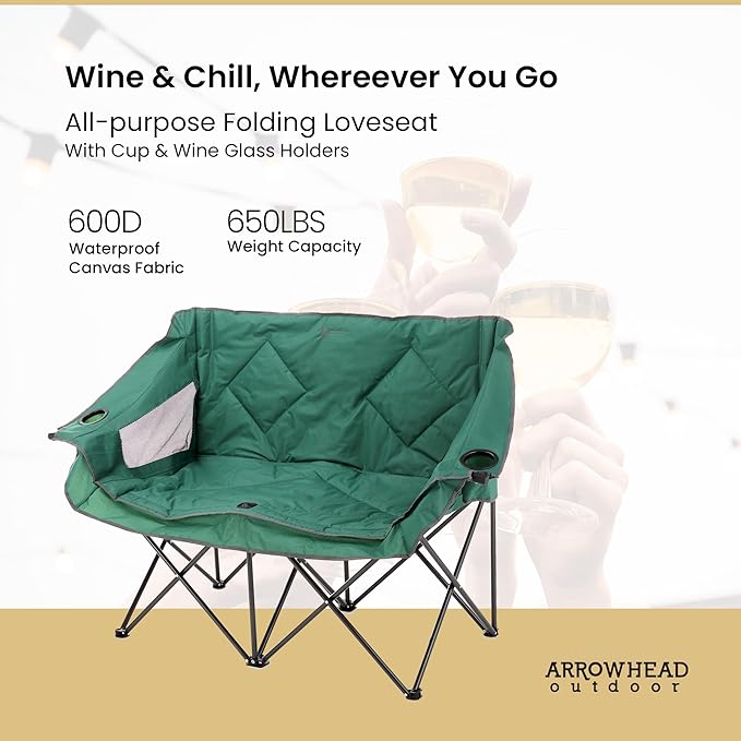 ARROWHEAD OUTDOOR Portable Folding Double Duo Camping Chair Loveseat w/ 2 Cup &amp Wine Glass Holder Carrying Bag Supports up to 500lbs