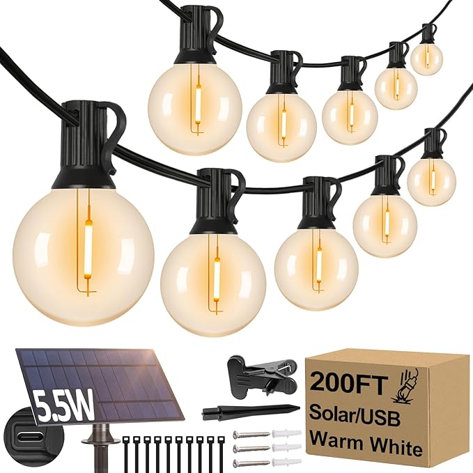 200FT(2 x100FT) G40 Solar String Lights Globe Outdoor String Lights with 104 E12 Waterproof LED Bulbs 2700K Shatterproof Patio Lights Solar Powered Hanging Lights for Christmas Patio Backyard Porch