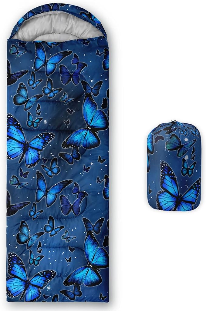 Kids Sleeping Bag for Boys GirlsBlue Black Butterfly Print-Lightweight Warm Portable Outdoor Indoor-Waterproof Cold Weather Resistant Sleeping Bag for Camping Hiking(Butterfly)