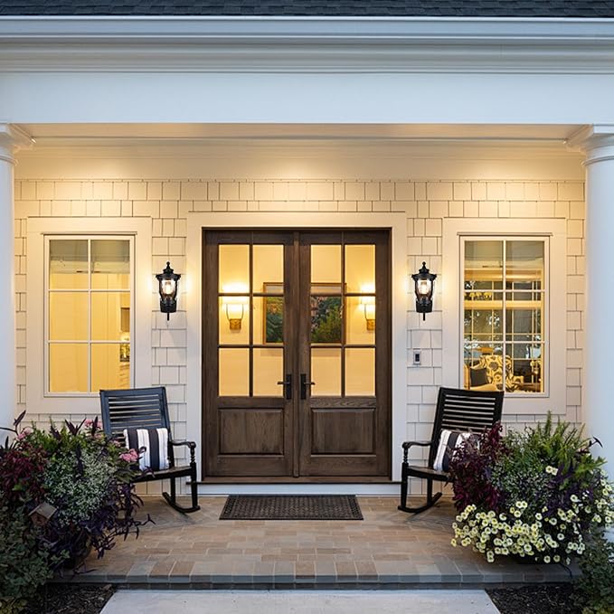 JYZ 15 Outdoor Wall Light Lantern Anti-Rust Exterior Wall Sconce with Hammered Water Ripple Glass Waterproof Matte Black Outside Lighting Fixture for Front Door Porch Garage