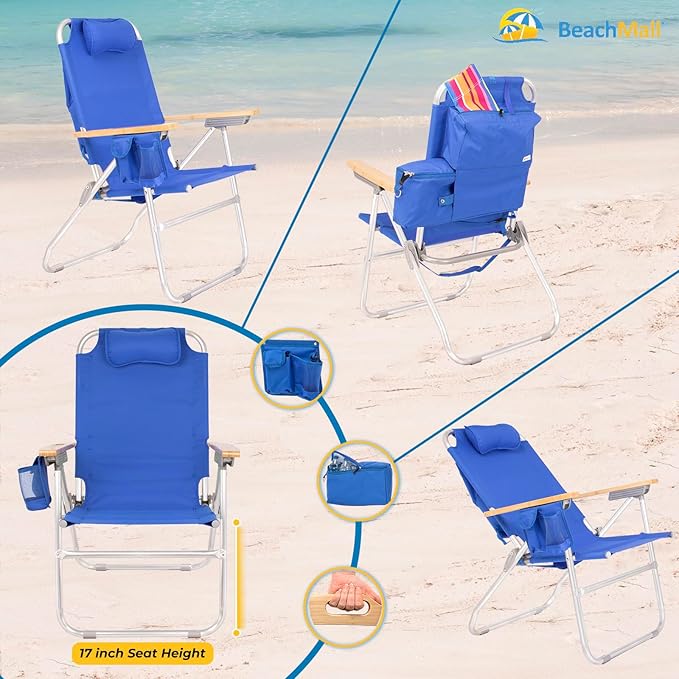 Heavy Duty Tall Beach Chair for Adults 17 High Off Ground 4-Position Reclining Insulated Cooler &amp Storage Pouch Bamboo-Finish Arms 300 lb Capacity