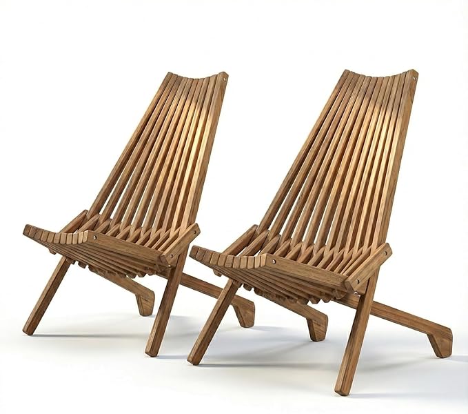 Folding Wooden Outdoor Chair Stylish Low Profile Acacia Wood Lounge Chair for The Porch Lawn Garden or Outdoor Patio Furniture (Wooden 2 Pack)