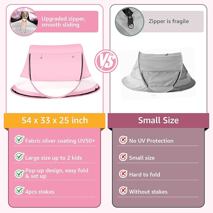 Baby Beach Tent Pop Up Beach Tent Sun Shade for Beach UPF 50+ UV Protection Sun Shelters for Infants with Carry Bag for Outdoor Travel Camping(Pink)