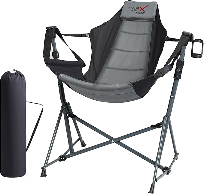Hammock Camping Chair 3 Heights Swinging Chair with Adjustable Backrest Folding Rocking Chair with Head Pillow&ampCup Holder Outdoor Chairs for Camping and Hiking Supports 350lbs Black