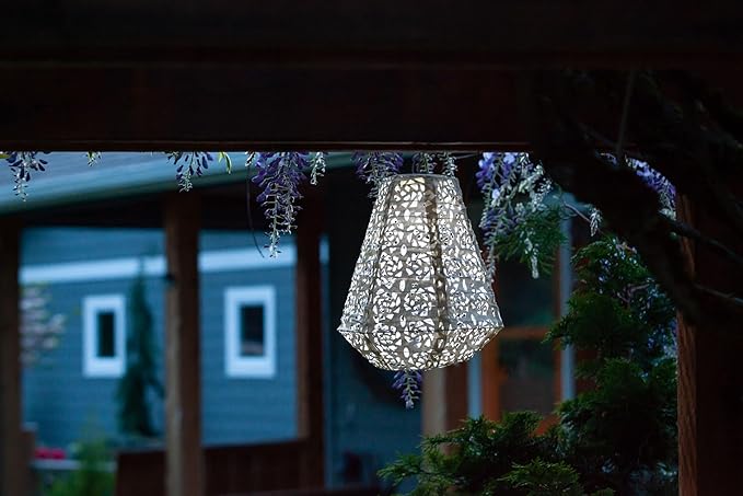 Allsop Soji Stella Prism Solar Lantern 11 LED Outdoor Light Handmade with Weather-Resistant UV Treated Fabric Stainless Steel Hardware Auto Sensor on/Off for Patio Deck Garden