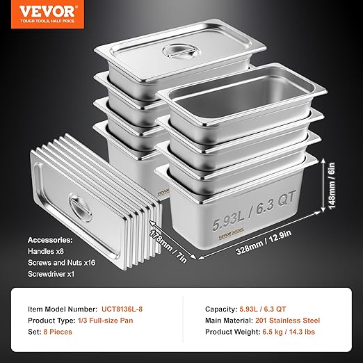 VEVOR 8 Pack Hotel Pans with Lids 1/3 Size Anti-Jam Steam Pan 0.8mm Thick Stainless Steel Steam Table Pan 6-Inch Deep Commercial Table Pan Catering Storage Food Pan for Industrial &amp Scientifi