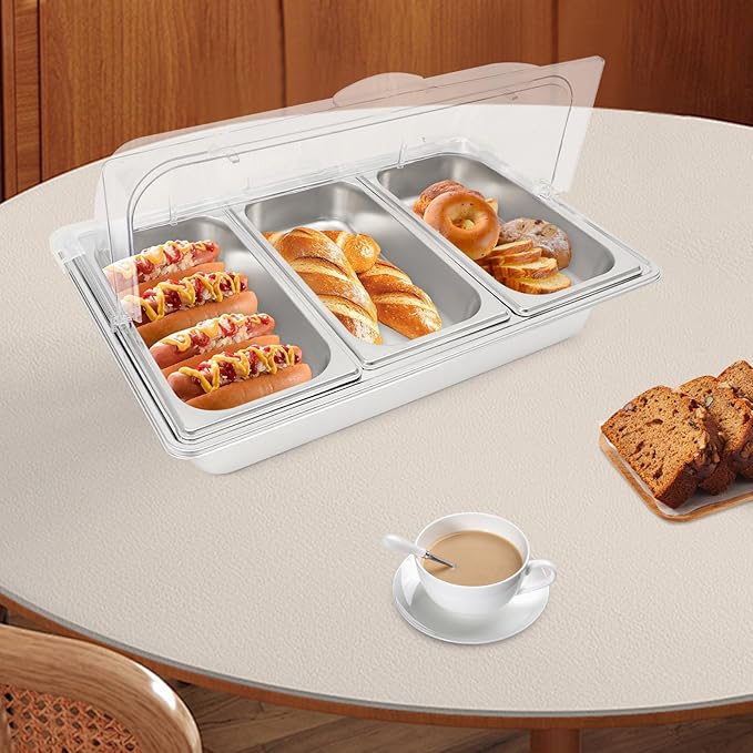 3-Compartment Stainless Steel Food Display Server with Clear Roll-Top Lid &amp Buckles Countertop Buffet Pan for Restaurant Hotel Kitchen Party 2.38 Gal