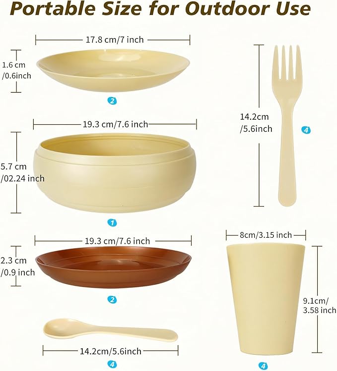 Camping Dishes Picnic Set Camping Plates Cups and Bowls Set with Spoons and Forks BPA Free 17PCS Camping Mess Kit Plastic Reusable Cutlery Set for 4 Portable Small Size Not Microwave Safe