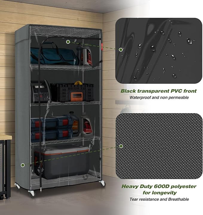 Porch Shield Storage Shelf Cover Fits 36 x 18 x 72Wire Rack - Dustproof Shelving Unit Cover with Front Transparent(Grey)