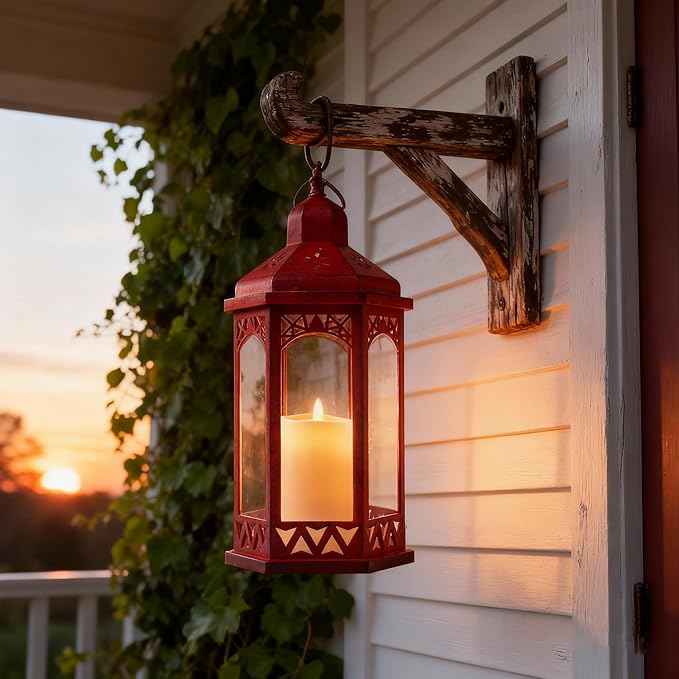 Candle Lanterns Outdoor Lanterns Decorative Indoor for Porch with Flickering LED Candles Hexagonal Battery Operated Lighting with Hanging Hook Perfect for Party Decor