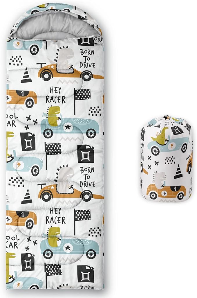 Kids Sleeping Bag for Boys GirlsDinosaur Race Print-Lightweight Warm Portable Outdoor Indoor-Waterproof Cold Weather Resistant Sleeping Bag for Camping Hiking(Dinosaur Race)