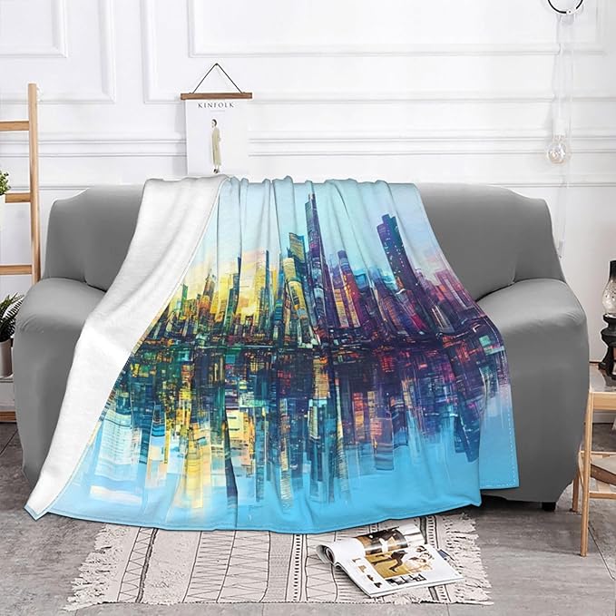 Holographic Reflection City Soft Fleece Blanket 60 * 50 inch Soft Sofa Blanket Suitable for Sofa Camping Travel Night Cover Blanket