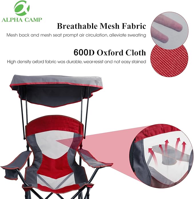 ALPHA CAMP Camp Chair with Shade Canopy Folding Camping Chair with Cup Holder and Carry Bag for Outdoor Camping Hiking Beach Heavy Duty 300 LBS Red