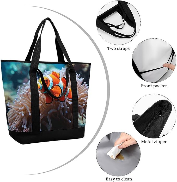 Insulated Shopping BagLarge Reusable Cooler Bags Clown Fish Printed Foldable Shopping BagTravel Waterproof Shoulder Bag