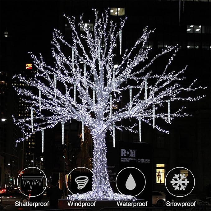 WATERGLIDE 16 Icicles Meteor Shower Lights 12 Outdoor Icicle Christmas Lights 384 SMD LED Crystal Ice Falling Light Connectable Raindrop Iciclelight Xmas Winter Party Tree Holiday Decor White