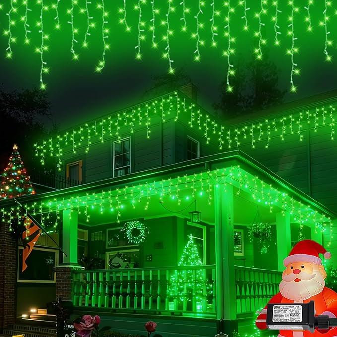 QITONG Green Icicle Lights 33ft 400 LED String Lights Outdoor with 8 Modes Clear Wire Connectable Christmas Lights Plug in Indoor