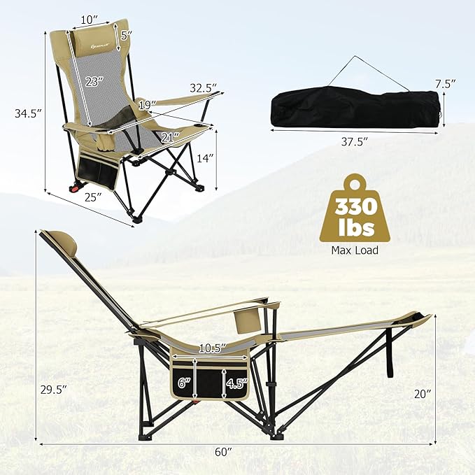 Goplus Reclining Camping Chair with Foot Rest Folding Lounge Chair for Adults w/Adjustable Backrest Storage Bag &amp Cup Holder Portable Recliner Beach Chair Outdoor Camp Picnics 330 LBS (1 Kha