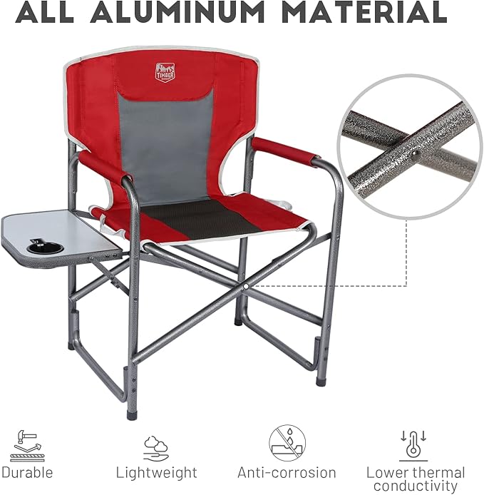 TIMBER RIDGE Lightweight Oversized Camping Chair Aluminum Directors Chair with Side Table for Outdoor Camping Lawn Picnic and Fishing Supports 400lbs Red 2PCS
