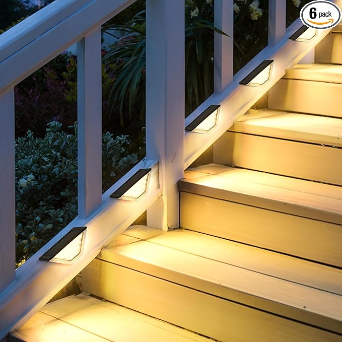 SOLPEX 6 Pack Four-Sided Illumination Solar Step Lights for Outside Solar Stair Lights Outdoor Solar Railing Lights Outdoor Waterproof with 33 LEDs for Steps Stair Deck Porch (Warm White)