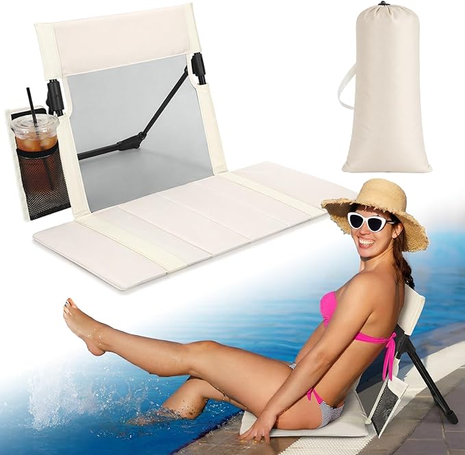 Novabright 1 Pcs Large Foldable Pool Chair Portable Poolside Breathable Seat with Cup Holder Beige Folding Flip Chairs for Edge of Pool Beach Poolside Camping Picnic Accessories