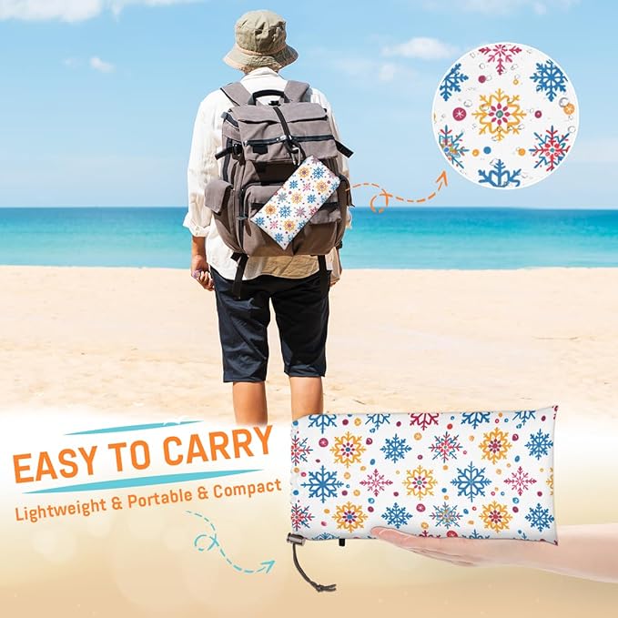 Waterproof Sandproof Beach Blanket 59''×68'' Needle Snowflake Polyester Outdoor Picnic Blanket with 4 Stakes &amp Storage Bag for BeachCampingVacation White