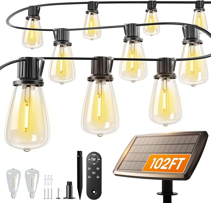 addlon 102FT(96+6) Solar String Lights Outdoor with Remote 48 LED Dimmable Waterproof Patio Hanging Lights (2FT Bulb Spacing) Long-Lasting Solar Light for Outside Yard Backyard Garden Camping