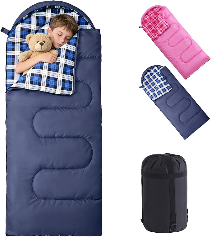 Uniqwamer Kids Sleeping Bag for Girls Boys - 4 Seasons Cold &amp Warm Weather Flannel Camping Sleeping Bags Lightweight &amp Waterproof 45°F Sleeping Bag for Camping Hiking Outdoor Travel