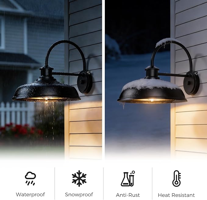 16 inch Dusk to Dawn Outdoor Gooseneck Barn Light Large Rustic Porch Wall Light Fixture Black Industrial Outside Wall Sconces Waterproof Exterior Backyard Lights for Garage Yard Hardwired
