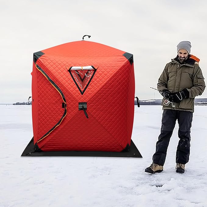 Portable Ice Fishing Tent for 1-2 Person Insulated Tent 57''×65'' Hub-Style Ice Shelter Thermal Ice-Shanty Oxford Cloth Windproof Ice-Shack for Winter-Fishing Lake River Outdoor