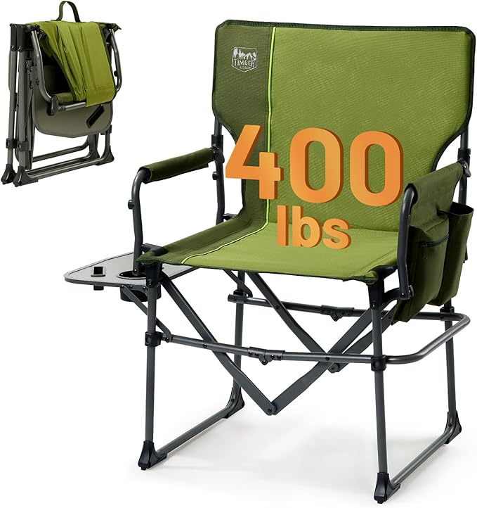 Timber Ridge Aluminum Camping Directors Chair with Side Table Pocket Portable Folding Chair Heavy Duty Lawn Chair for Fishing Trip Picnic Concert Outdoor 400lbs Green