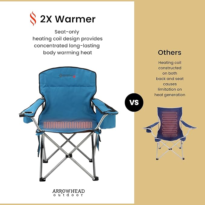 ARROWHEAD OUTDOOR 2-Pack Heated Folding Camping Chair with Cooler 3 Heat Settings Cup &amp Wine Glass Holder Carrying Bag Battery NOT Included Supports up to 330lbs