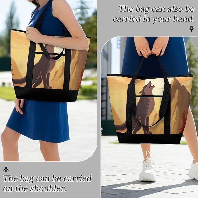 Insulated Shopping BagLarge Reusable Cooler Bags Wolf Printed Foldable Shopping BagTravel Waterproof Shoulder Bag