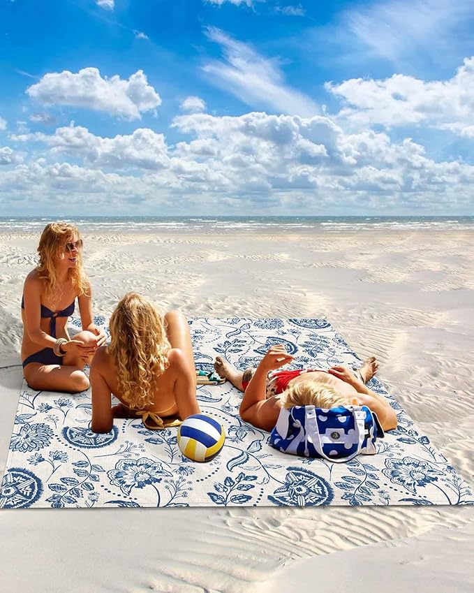 Beach Blanket Waterproof Sandproof Picnic Blanket 108x84 Foldable Beach Mat with Retro Farmhouse Farmhouse Flowers Pastoral Coral Red Pattern for Camping Park Grass Beach Travel