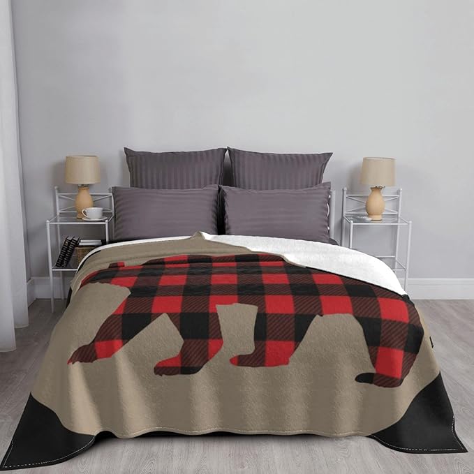 80X60 Red Black Buffalo Plaid Bear Lightweight Flannel Blanket - Soft and Breathable Polyester Suitable for Travel Camping and Home Decoration