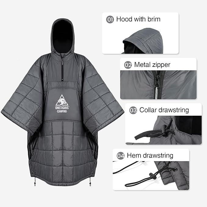 ONETIGRIS Camping Blanket Poncho with with Recycled Synthetic InsulationWearable Hoodie Blanket | Ultralight Water-Resistant Warm Camping Blanket for Outdoor Hiking Stadium