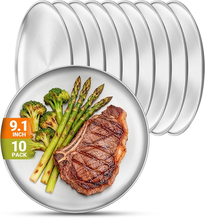 Metal Camping Plates 10 Pack 9.1 inch Small 201 Stainless Steel Plates Reusable Pizza Food Serving Snack Eating Salad Dishes Round Brushed Finish Silver Sturdy Dish Oven Dishwasher Safe
