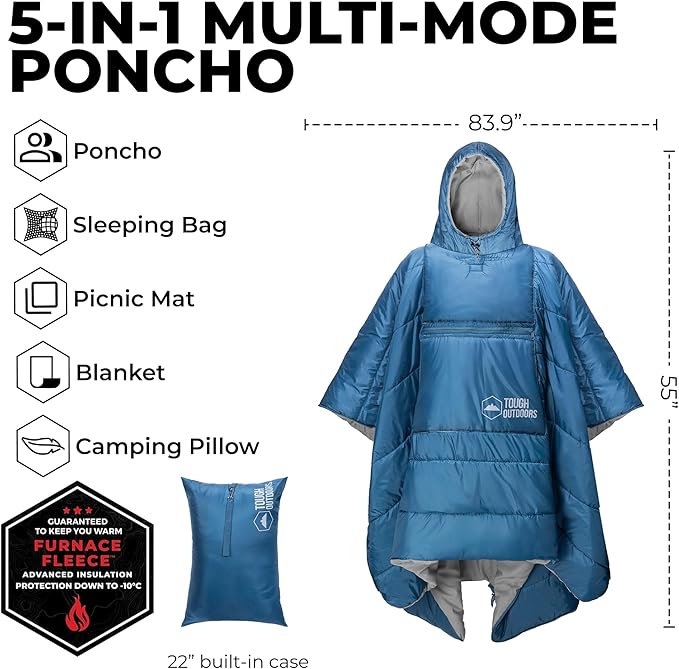 Tough Outdoors 5 in 1 Camping Poncho - Packable Blanket - Wearable Sleeping Bag Adult - Sleeping Bag Poncho - Waterproof