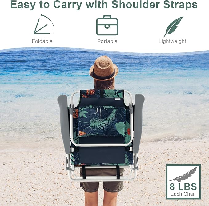 GYMAX Beach Chairs Backpack Camping Chair with Armrest Cooler Bag Cup Holder Towel Bar &amp Side Pockets Sunbath Sling Tanning Lounge Folding Layout Chair (with Table Flower)