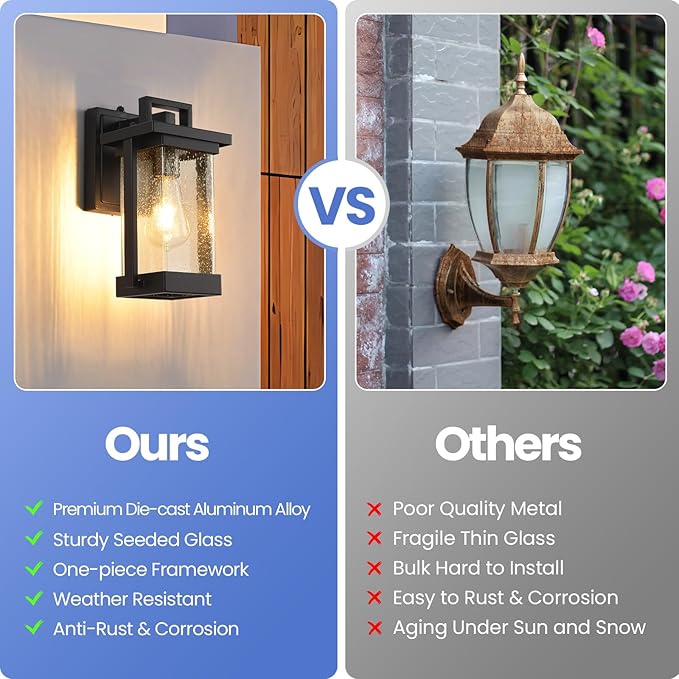 Outdoor Wall Lights Black Exterior Lighting Fixtures Waterproof Outdoor Wall Sconce with Seeded Glass Modern Dusk to Dawn Outdoor Light Fixtures Wall Mount for Porch Garage Patio 2-Pack