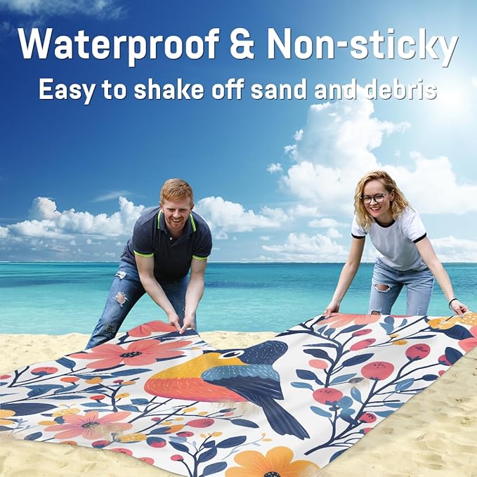 Waterproof Sandproof Beach Blanket 59''×68'' Animal-Bird Flower Polyester Outdoor Picnic Blanket with 4 Stakes &amp Storage Bag for BeachCampingVacation