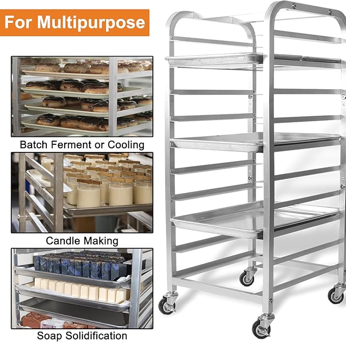 10-Tier Quarter &amp Half Sheet Pan Rack - Bread Baking Speed Rack for Cooling Bakery Stand with wheels for Bun Pan Tray Home Kitchen Tiered Rolling Cart for Oven(for 1/2 &amp 1/4 Sheet)