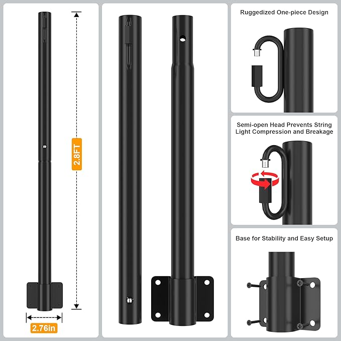 Suchtale 4 Pack 2.8 FT String Light Poles Suspension Outdoor Fence Post Lights with Clip and Bracket Outside String Lights Hanging Wall Mounting Stand for Patio Garden Backyard Wedding Party Black