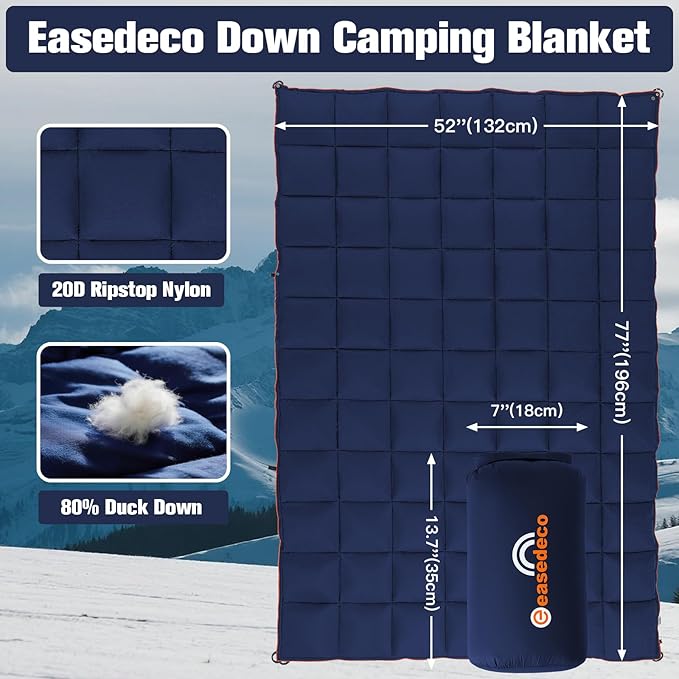 Down Camping Blanket - Lightweight Packable Warm Puffy Travel Quilt with Footbox 650 Fill Power Waterproof Outdoor Blankets for Hiking Travel Down Quilt Navy Blue 1lb 1oz / 77''*52''