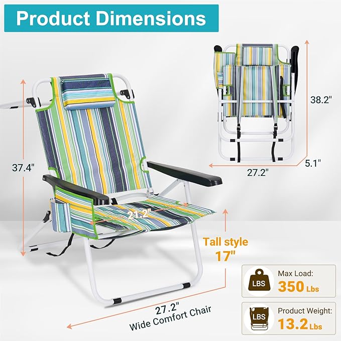 ABORON 17'' Tall Folding Beach Chair with Backpack Straps 5-Position Reclining Lounge Chair Heavy Duty 600D Oxford Fabric Insulated Cooler Bag &amp Side Pocket for Outdoor Camping Poolside