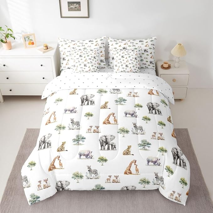 Cute Giraffe Zebra Elephant Comforter Set with SheetsPillowcases &amp Cushion Cover Zoo Animal 7 Piece Bedding Set for Boys Girls Room Decor Cartoon Animal Bed in a Bag King Size Wildlife Microfiber