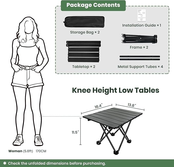 2 Pack Portable Camping Table Foldable Ultralight Small Folding Beach Table with Carry Bag for Outdoor Travel Beach Camp Picnic BBQ Cooking Festival Boat Home Use (Black-S)